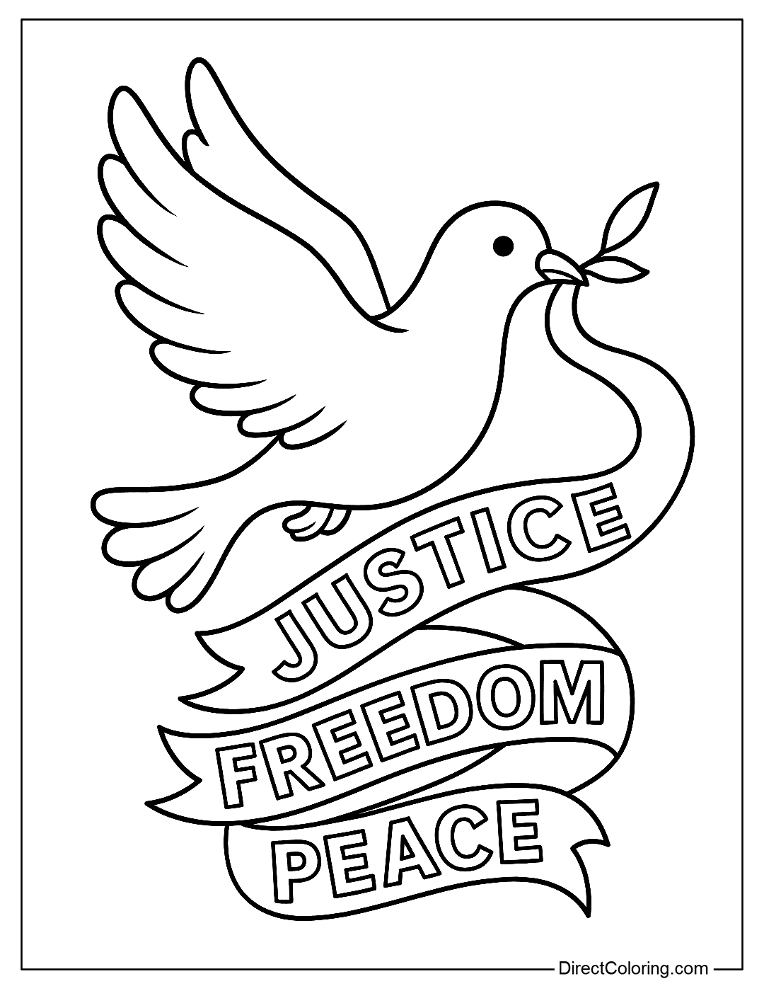 Coloring page of a dove holding a ribbon with the words “Justice – Freedom – Peace”